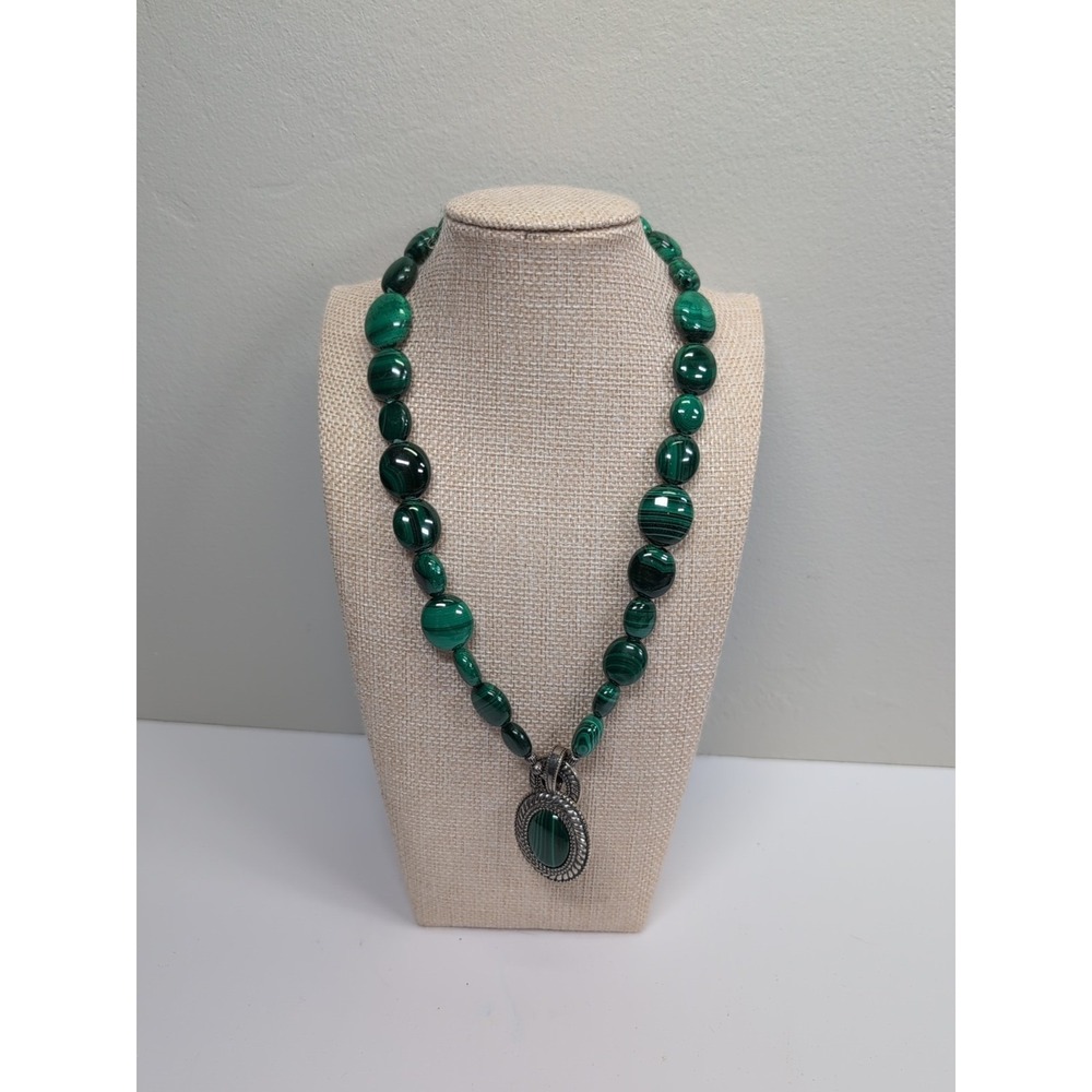 Vtg Carolyn Pollack 925 Sterling Silver Green Malachite Beaded Enhancer Necklace
